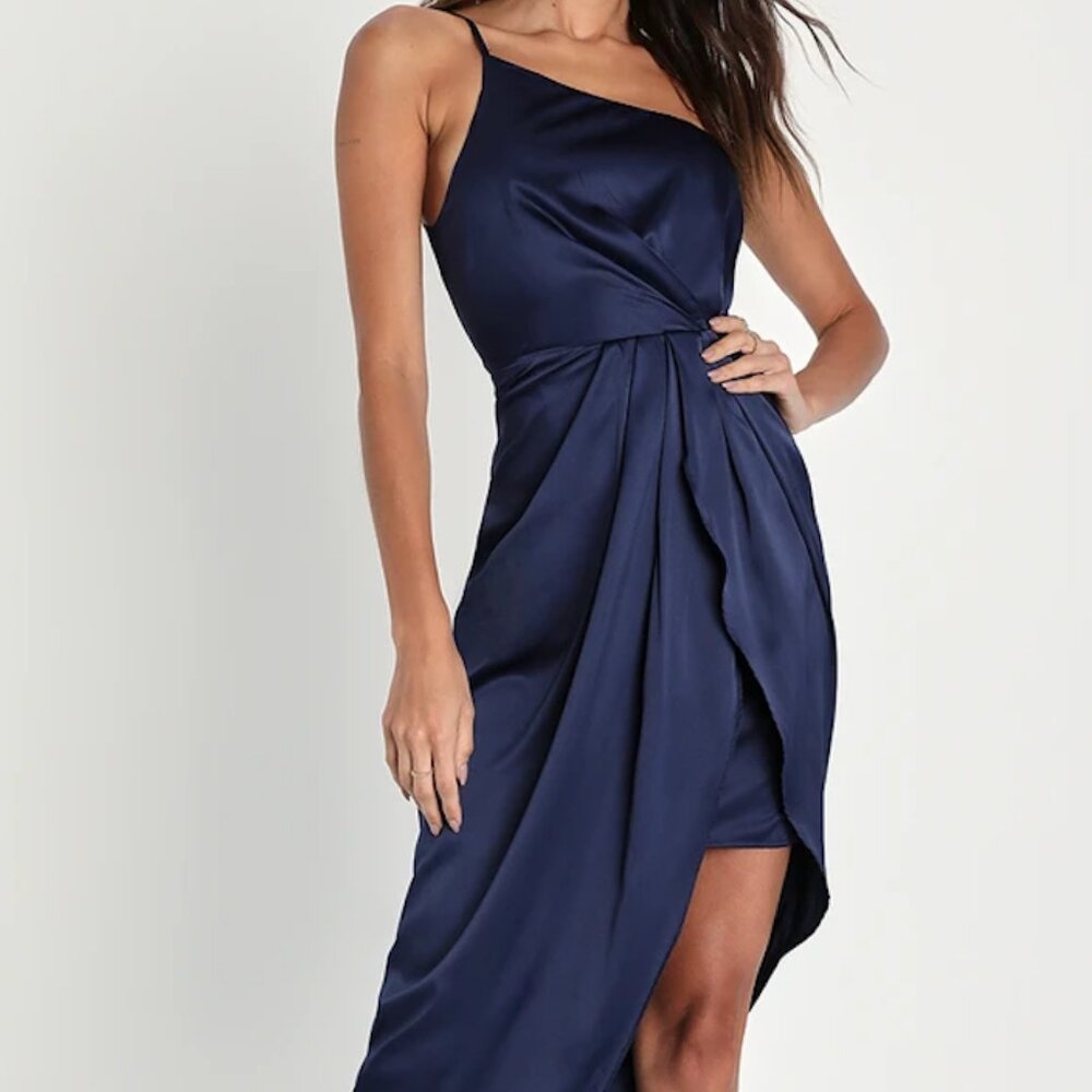 Navy Blue One-Shoulder Asymmetrical Midi Dress